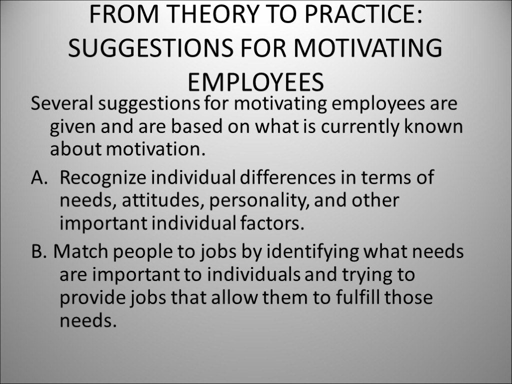 FROM THEORY TO PRACTICE: SUGGESTIONS FOR MOTIVATING EMPLOYEES Several suggestions for motivating employees are